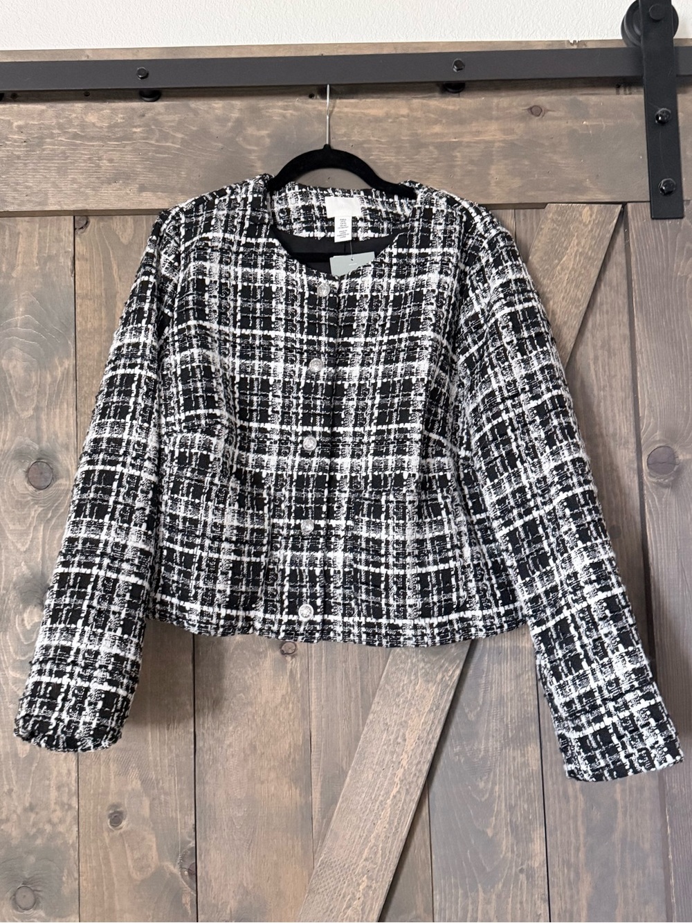H&M Black and White Tweed Cropped Blazer
